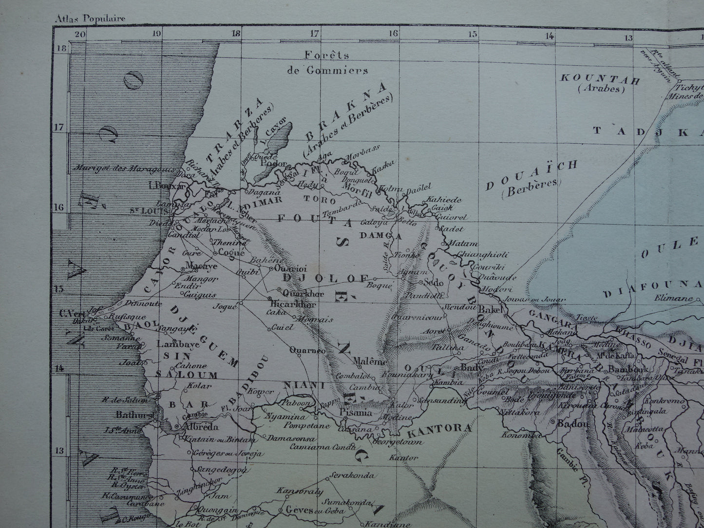 West-Afrika antieke landkaart - Handgekleurde oude Franse kaart van Gambia Mali Senegal Guinee