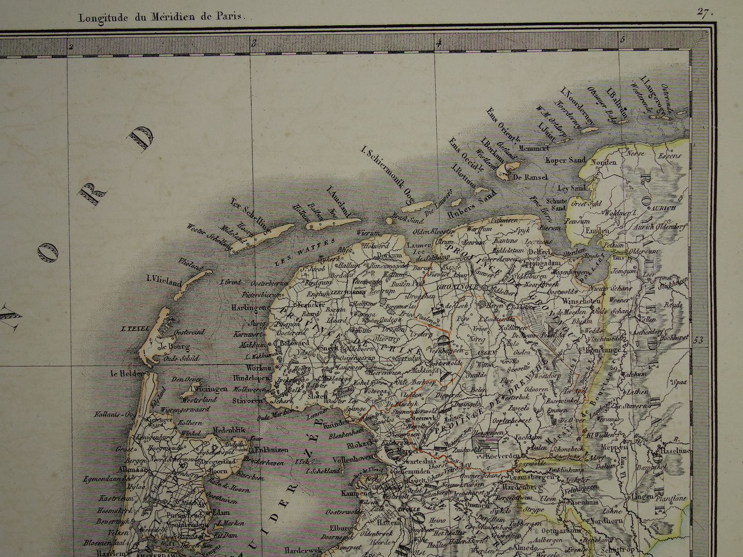 NEDERLAND grote oude kaart van Nederland en België in 1851 originele antieke Franse handgekleurde landkaart poster