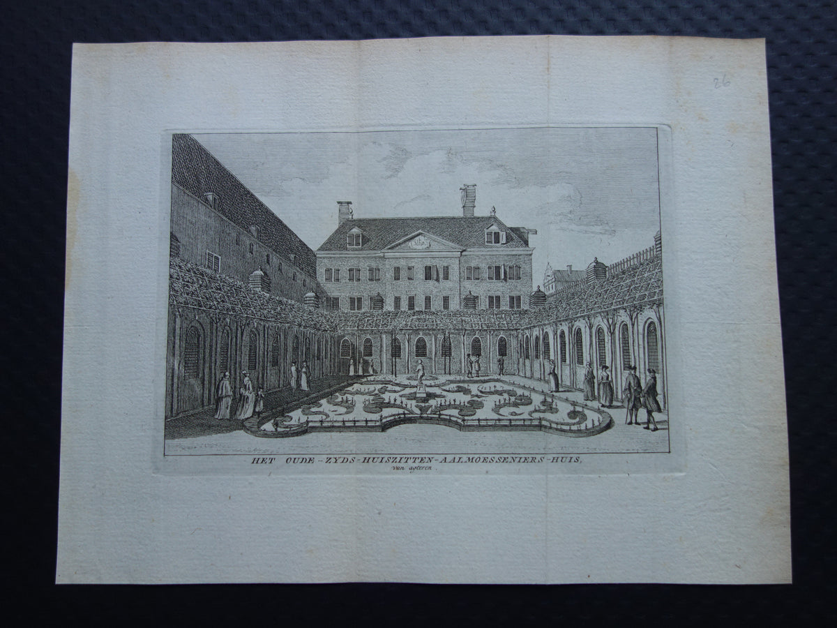Oude prent van Oudezijds Huiszittenhuis / Academie van Bouwkunst in Amsterdam Originele antieke gravure Huiszittenaalmoezeniershuis Waterlooplein Historisch stadsgezicht Vintage Print