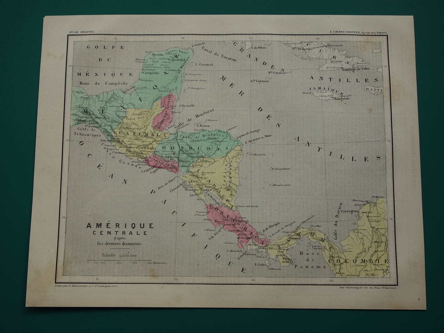 MIDDEN-AMERIKA Oude kaart van Centraal-Amerika uit 1877 originele antieke handgekleurde Franse landkaart Honduras Costa Rica Nicaragua vintage kaarten