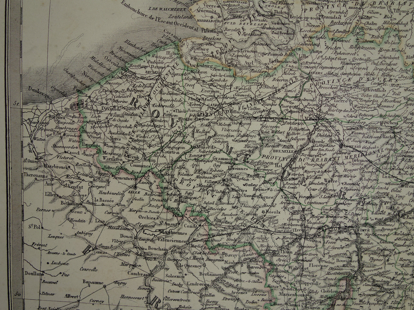 NEDERLAND grote oude kaart van Nederland en België in 1851 originele antieke Franse handgekleurde landkaart poster