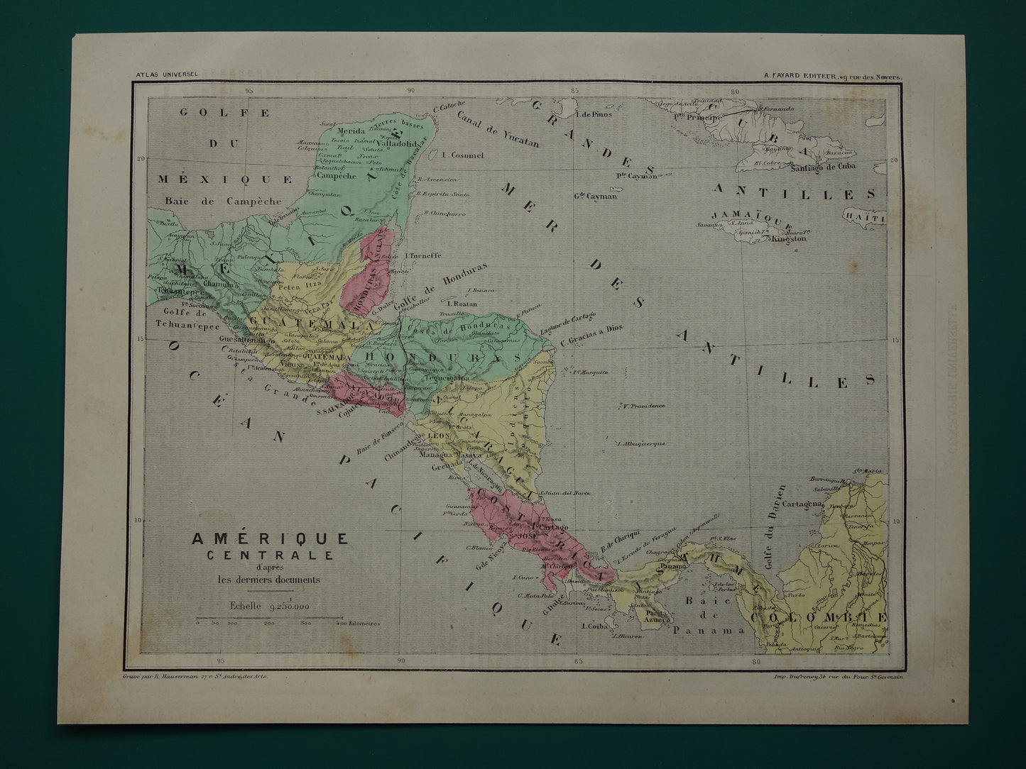 MIDDEN-AMERIKA Oude kaart van Centraal-Amerika uit 1877 originele antieke handgekleurde Franse landkaart Honduras Costa Rica Nicaragua vintage kaarten