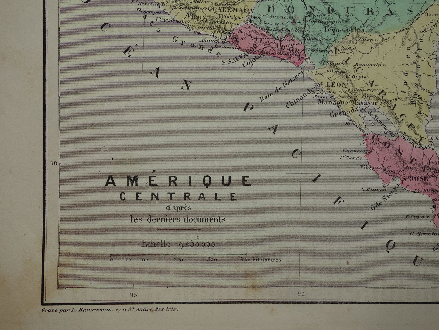 MIDDEN-AMERIKA Oude kaart van Centraal-Amerika uit 1877 originele antieke handgekleurde Franse landkaart Honduras Costa Rica Nicaragua vintage kaarten