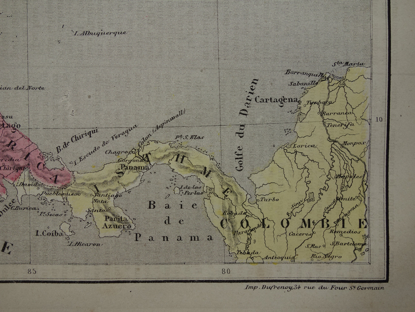 MIDDEN-AMERIKA Oude kaart van Centraal-Amerika uit 1877 originele antieke handgekleurde Franse landkaart Honduras Costa Rica Nicaragua vintage kaarten