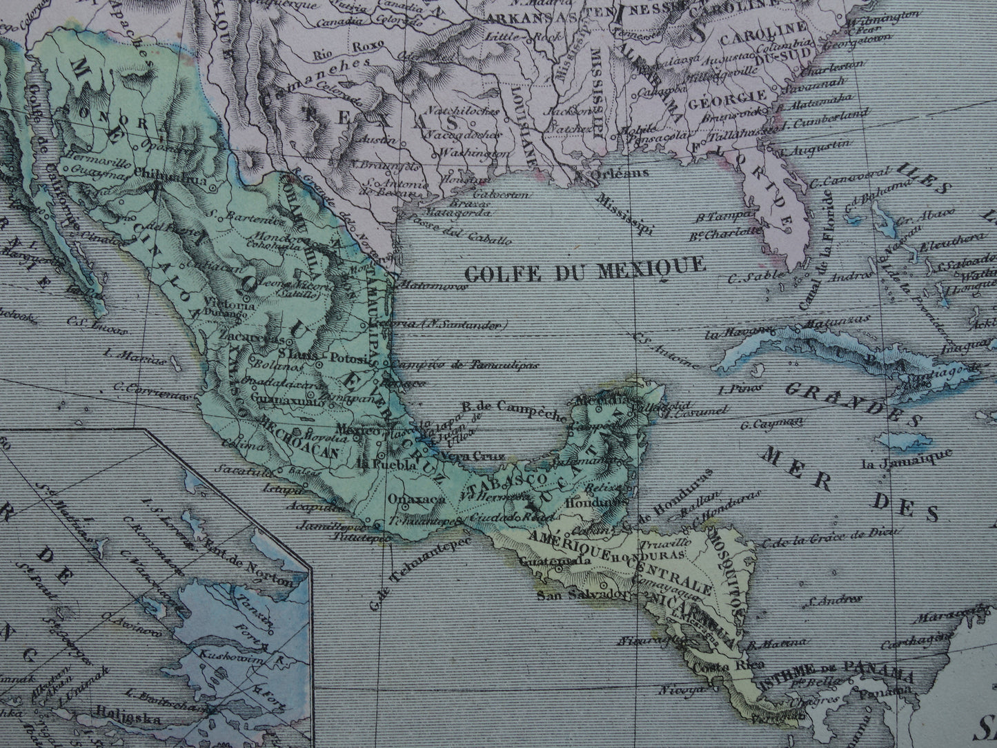 Noord-Amerika antieke landkaart - Handgekleurde oude Franse kaart van het continent