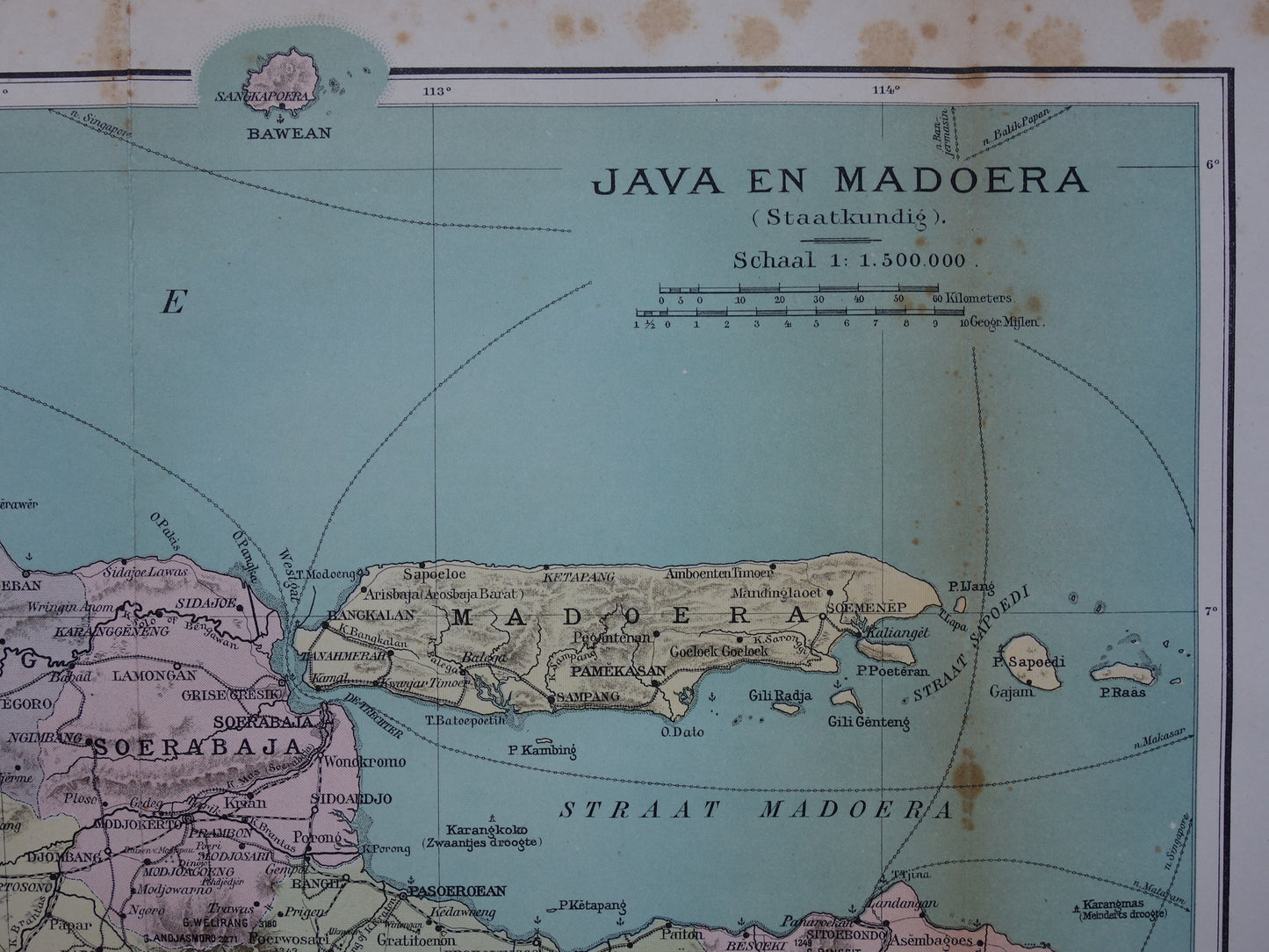 JAVA Grote oude kaart van Java en Madura Indonesië 1918 originele antieke Nederlandse landkaart