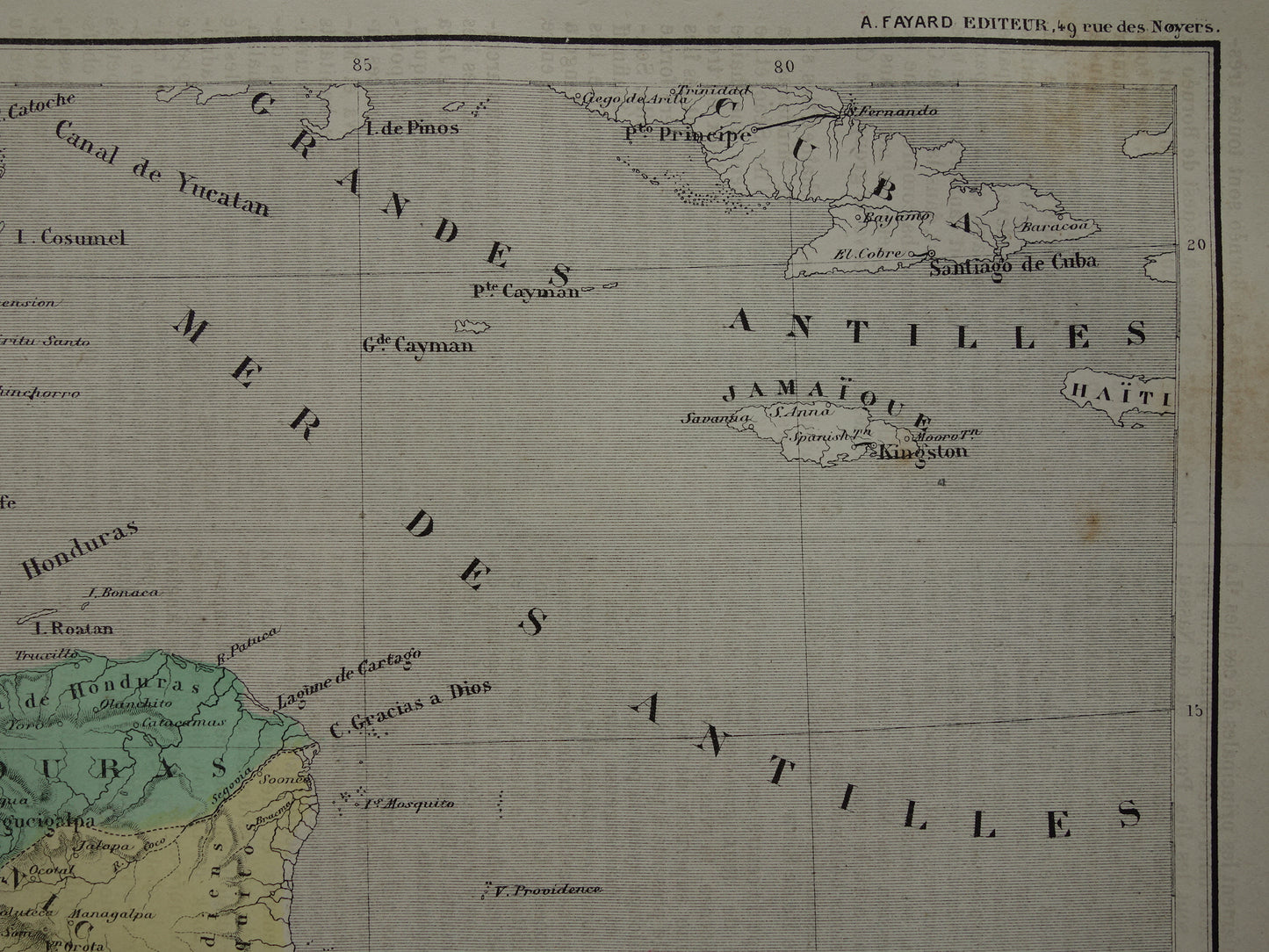 MIDDEN-AMERIKA Oude kaart van Centraal-Amerika uit 1877 originele antieke handgekleurde Franse landkaart Honduras Costa Rica Nicaragua vintage kaarten