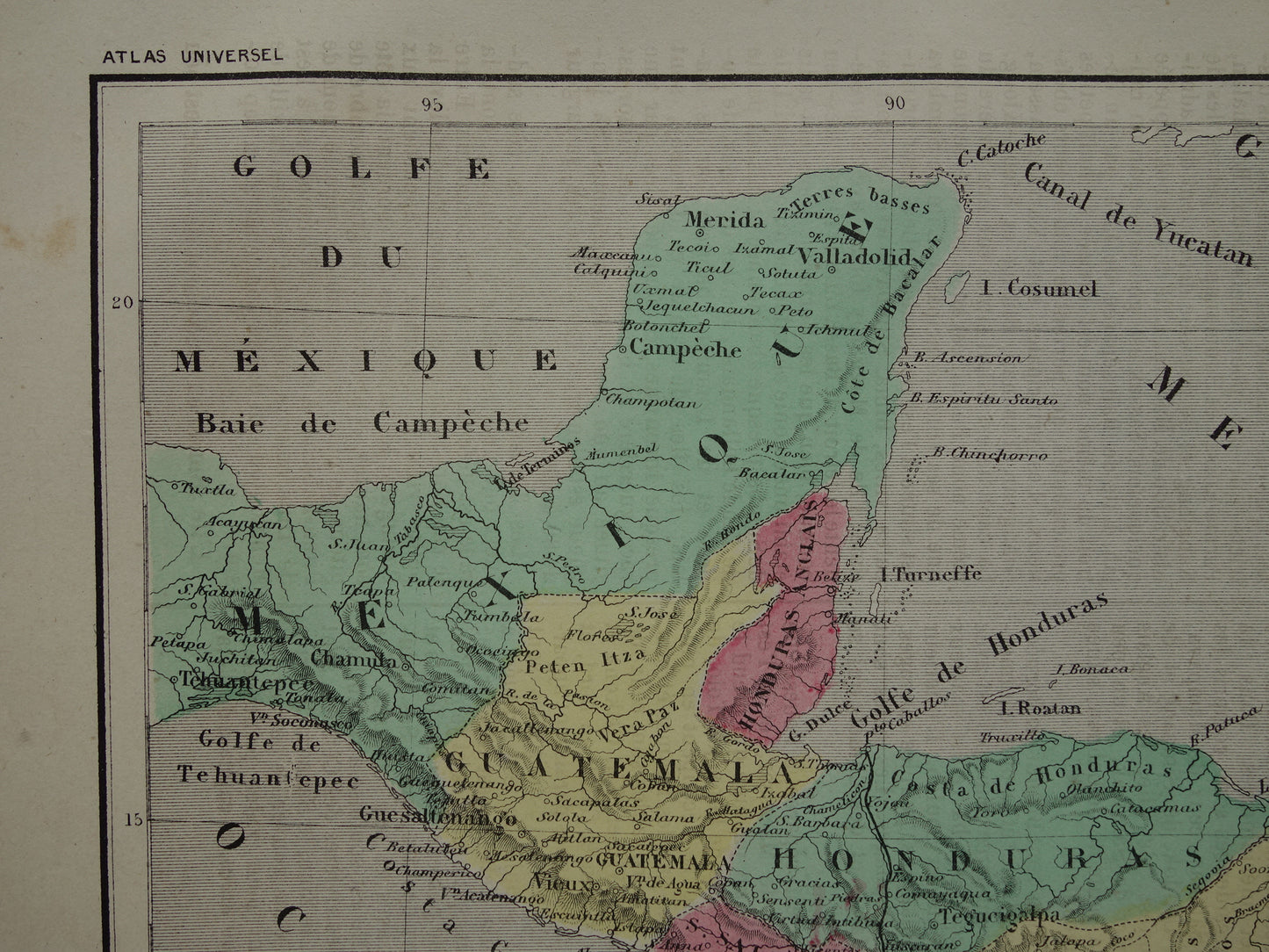 MIDDEN-AMERIKA Oude kaart van Centraal-Amerika uit 1877 originele antieke handgekleurde Franse landkaart Honduras Costa Rica Nicaragua vintage kaarten