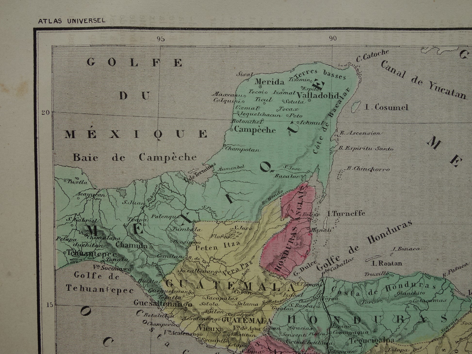 MIDDEN-AMERIKA Oude kaart van Centraal-Amerika uit 1877 originele antieke handgekleurde Franse landkaart Honduras Costa Rica Nicaragua vintage kaarten