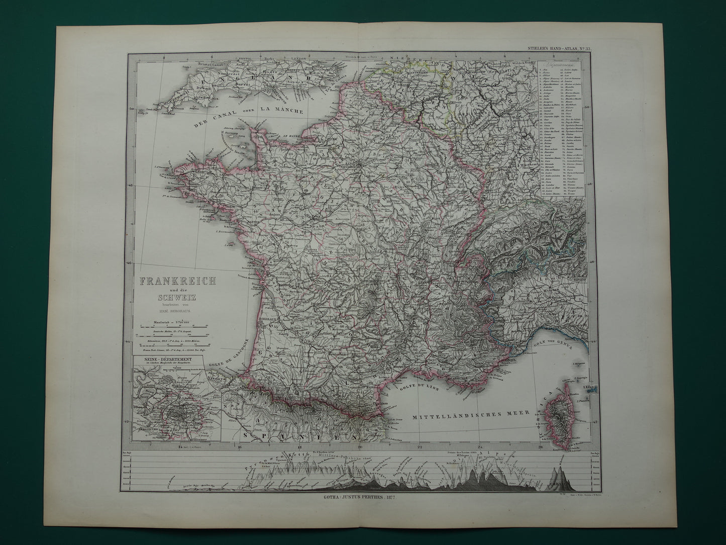 FRANKRIJK oude landkaart van Frankrijk 1877 originele antieke kaart/poster met jaartal