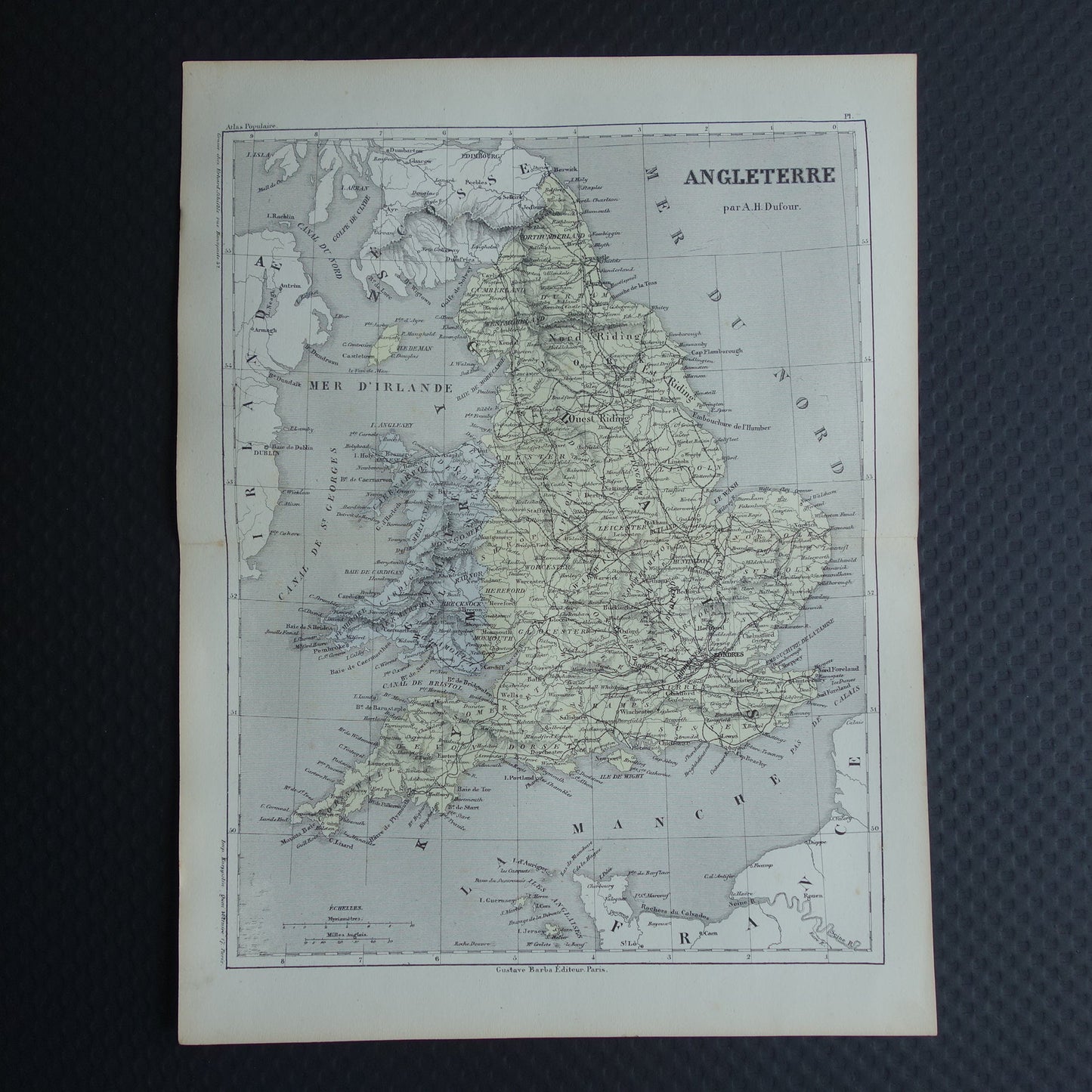 Antieke Franse landkaart van Engeland en Wales - Handgekleurde oude kaart Engeland
