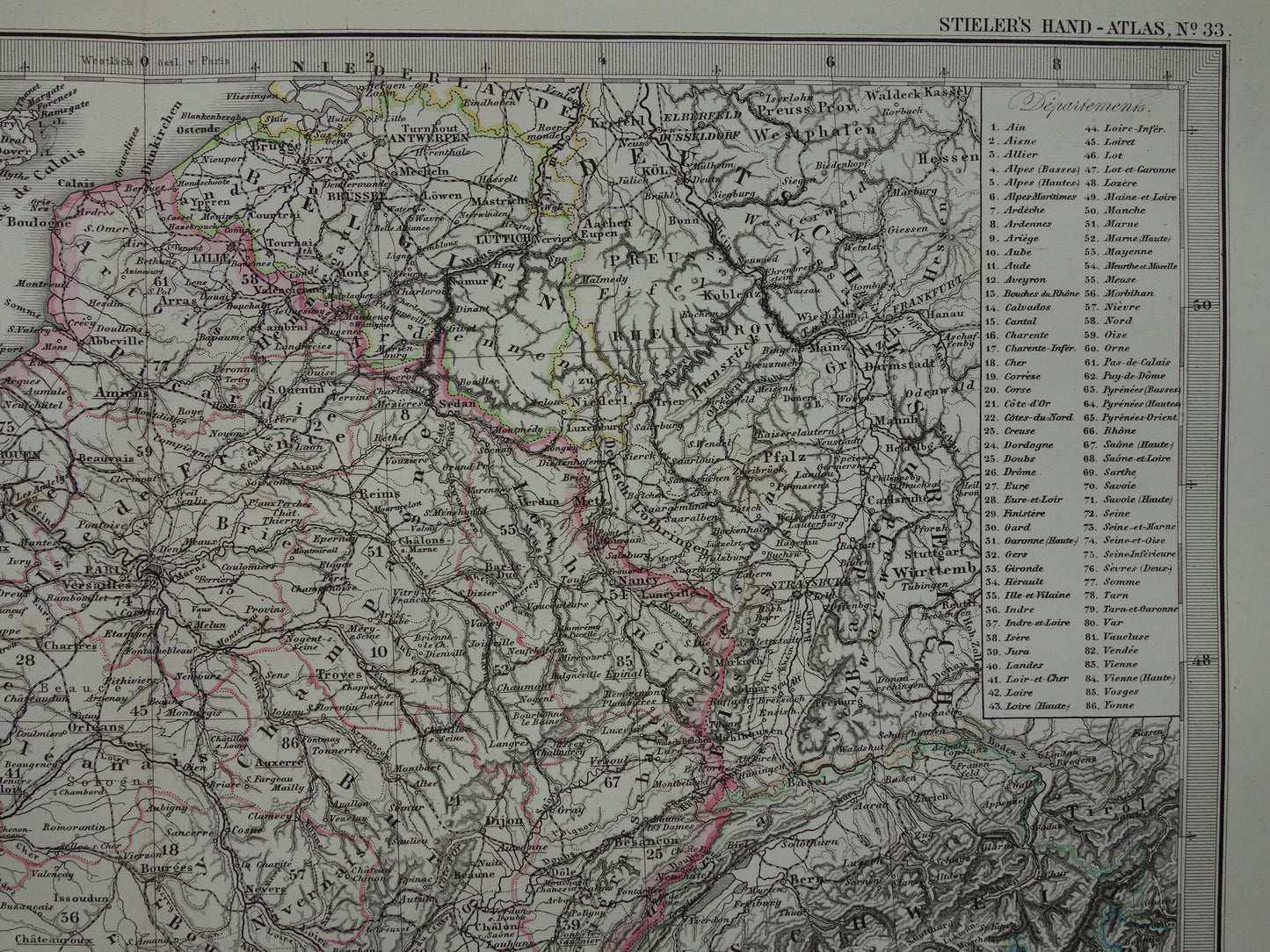FRANKRIJK oude landkaart van Frankrijk 1877 originele antieke kaart/poster met jaartal