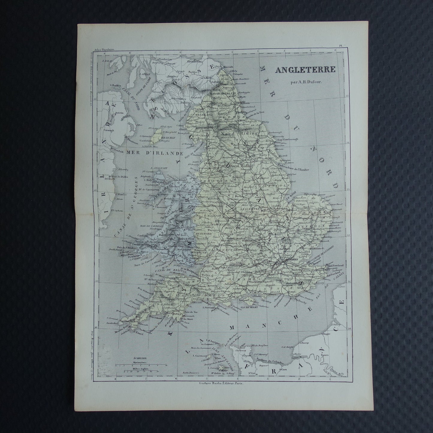 Antieke Franse landkaart van Engeland en Wales - Handgekleurde oude kaart Engeland