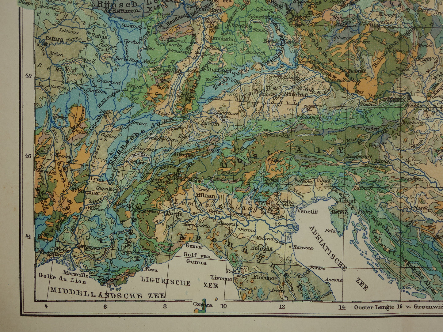 Oude geologische kaart van Centraal-Europa Originele antieke geologie kaart tijdschaal formaties vintage kaarten