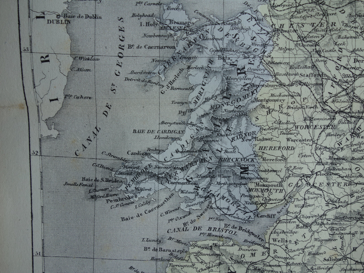 Antieke Franse landkaart van Engeland en Wales - Handgekleurde oude kaart Engeland