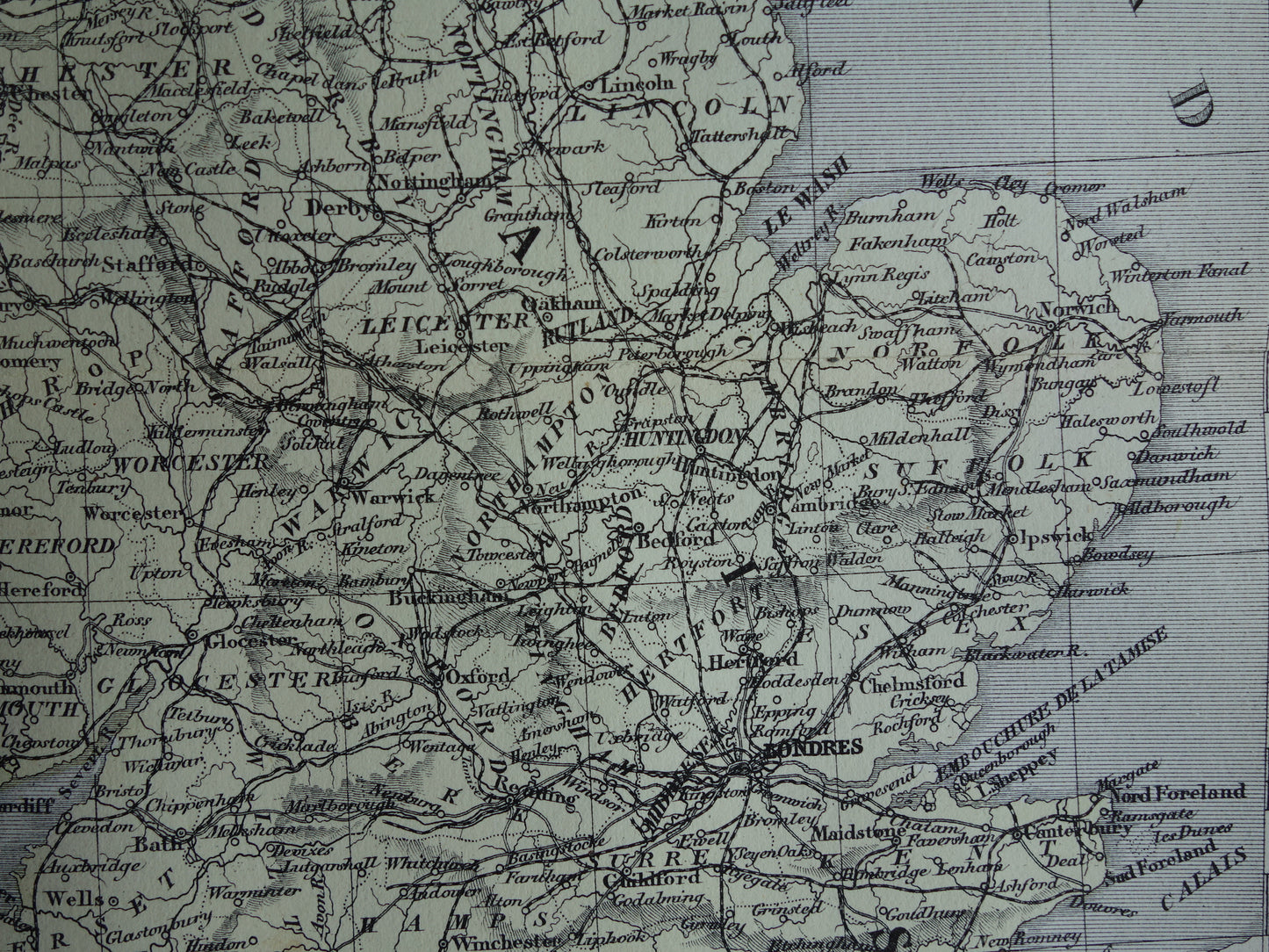 Antieke Franse landkaart van Engeland en Wales - Handgekleurde oude kaart Engeland