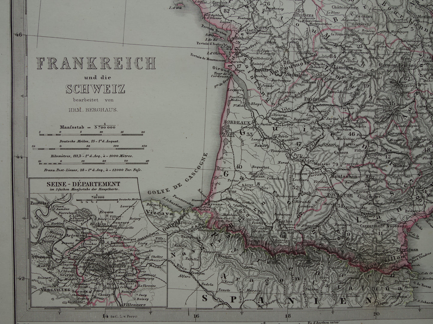 FRANKRIJK oude landkaart van Frankrijk 1877 originele antieke kaart/poster met jaartal