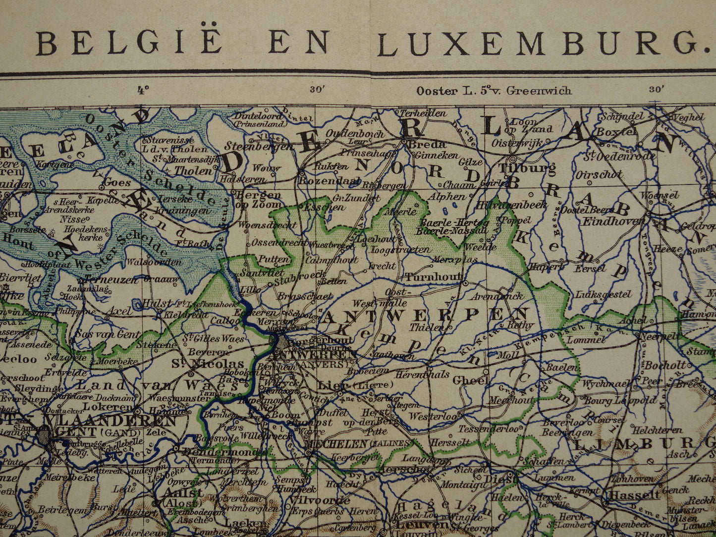 Oude kaart van België uit 1906 originele antieke Nederlandse landkaart van België