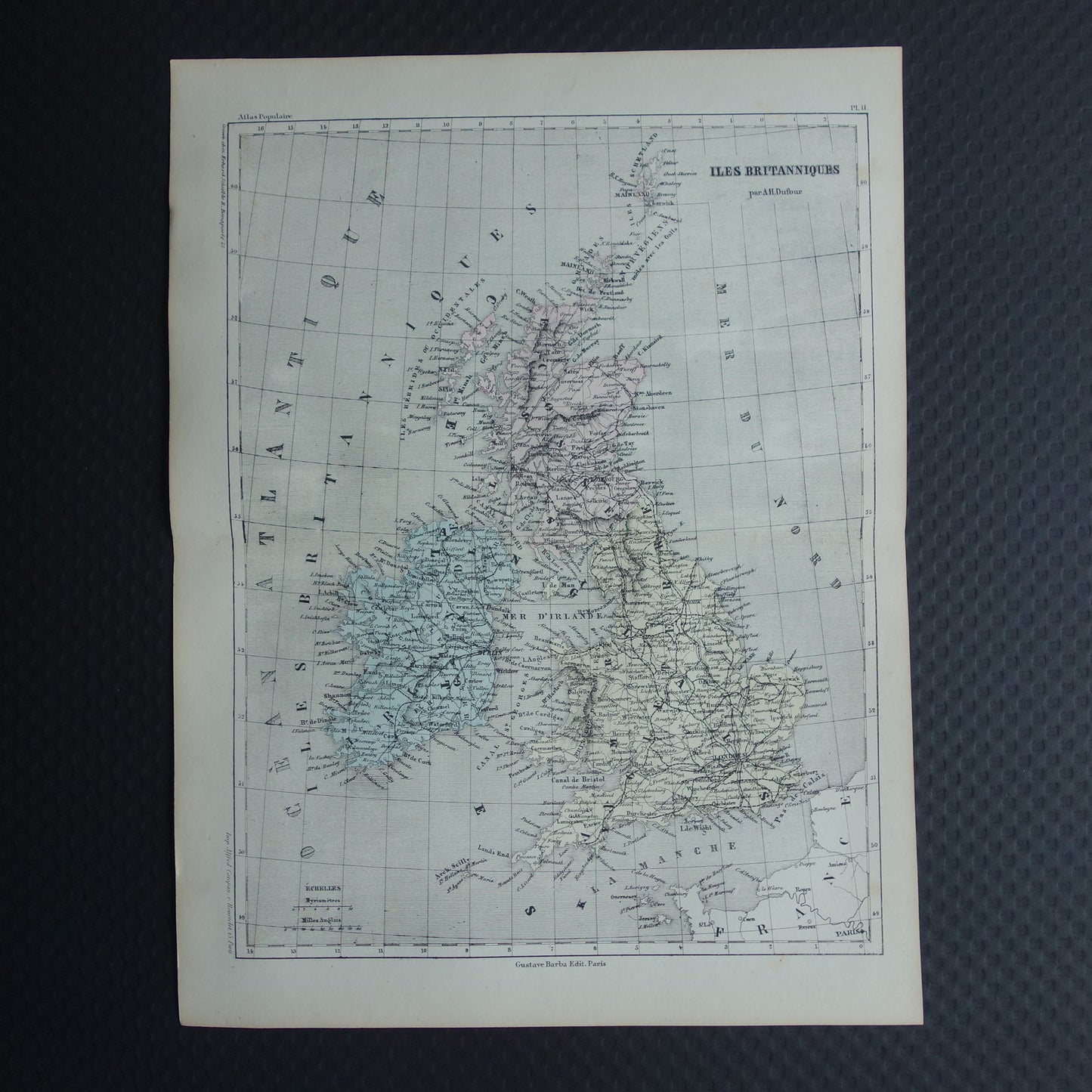Groot-Brittannië en Ierland Oude Franse kaart uit 1858 van de Britse eilanden, Verenigd Koninkrijk, Wales, Engeland Originele antieke landkaart