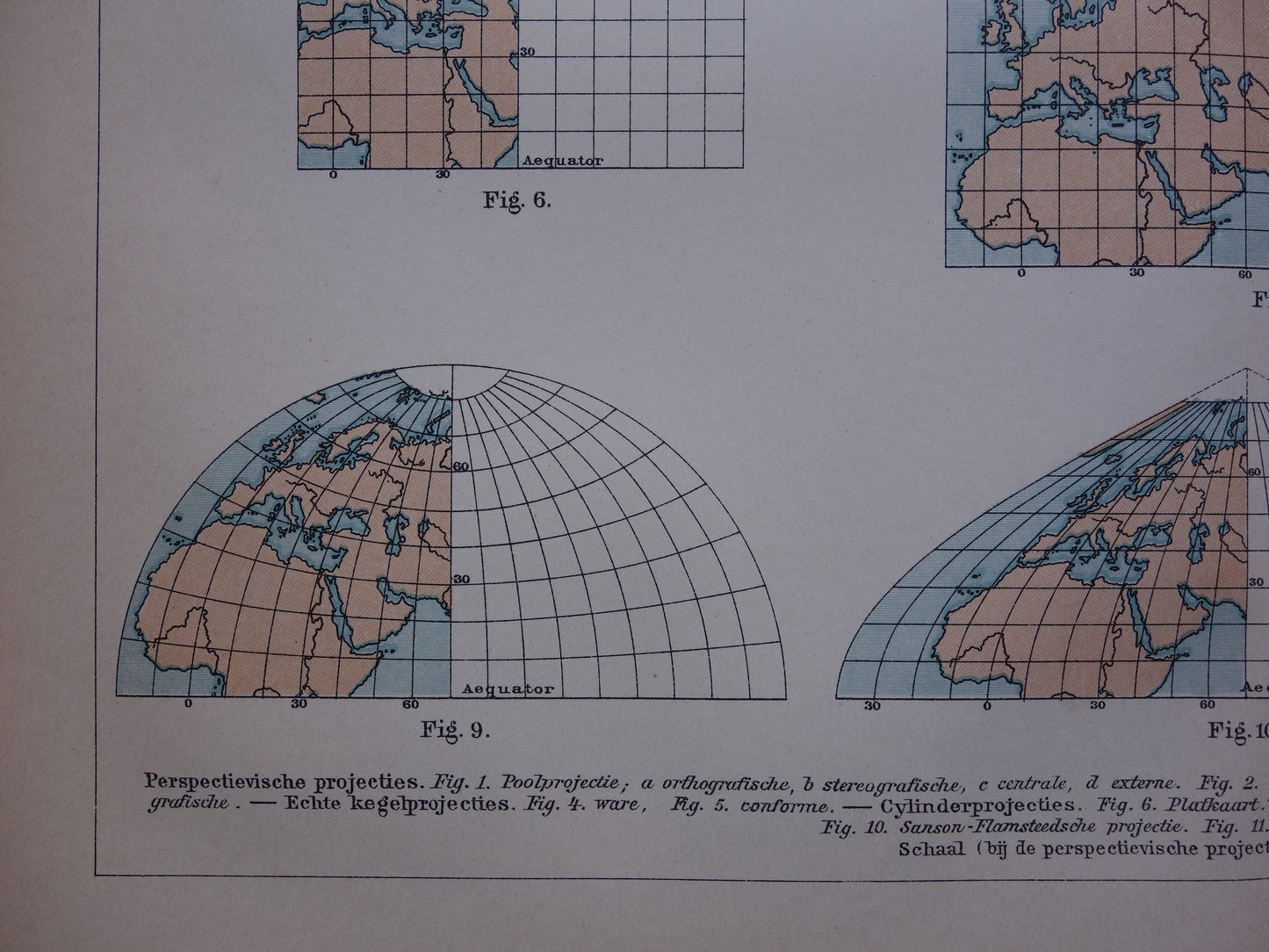 Cartografie oude prent over kaartprojecties Kartografie Aardrijkskunde antieke print