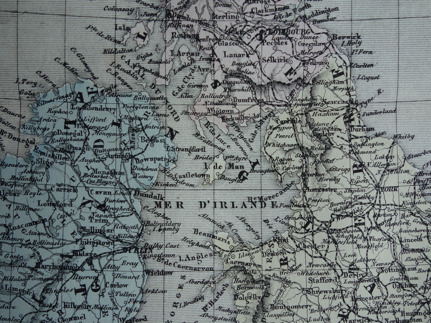 Groot-Brittannië en Ierland Oude Franse kaart uit 1858 van de Britse eilanden, Verenigd Koninkrijk, Wales, Engeland Originele antieke landkaart