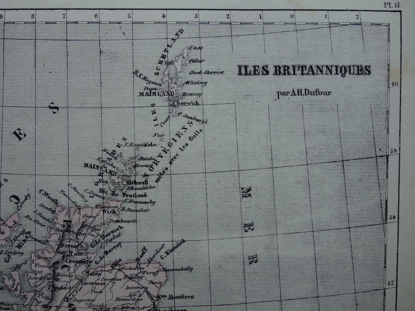 Groot-Brittannië en Ierland Oude Franse kaart uit 1858 van de Britse eilanden, Verenigd Koninkrijk, Wales, Engeland Originele antieke landkaart