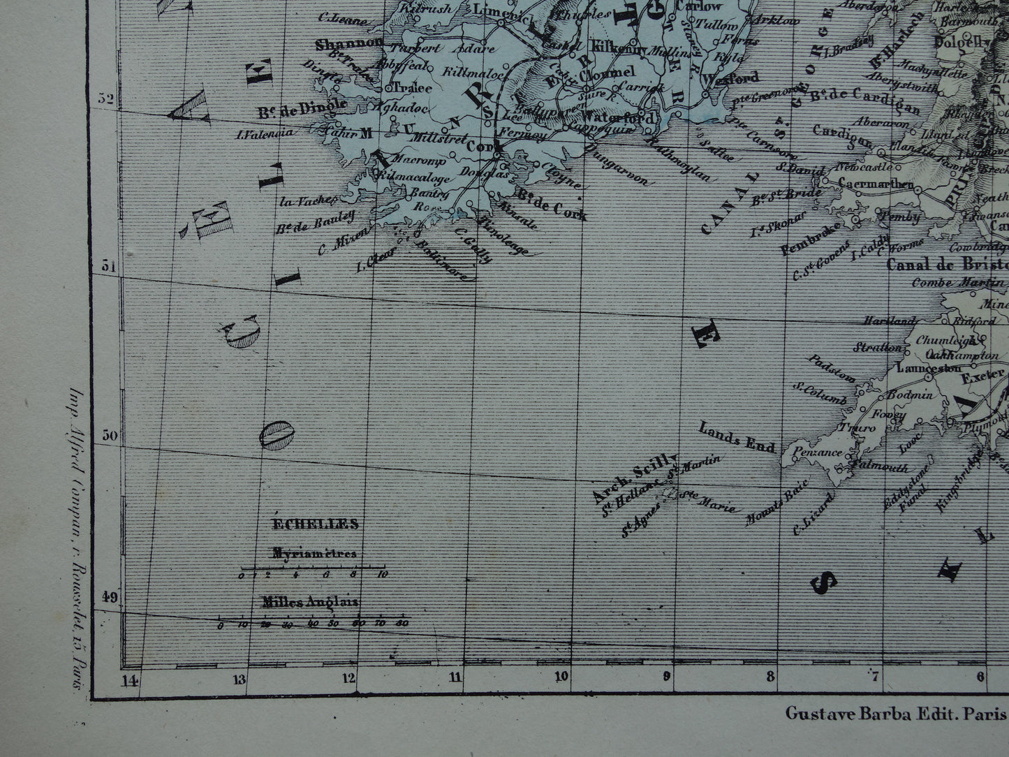 Groot-Brittannië en Ierland Oude Franse kaart uit 1858 van de Britse eilanden, Verenigd Koninkrijk, Wales, Engeland Originele antieke landkaart