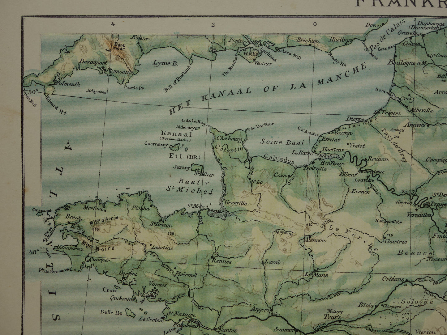 FRANKRIJK oude Nederlandse kaart van Frankrijk uit 1907 originele antieke landkaart hoogtekaart