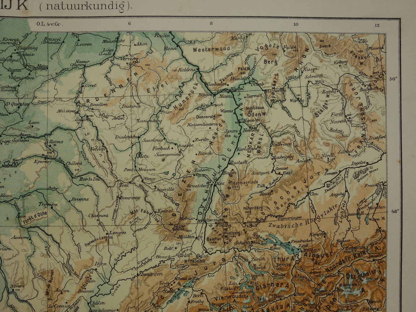 FRANKRIJK oude Nederlandse kaart van Frankrijk uit 1907 originele antieke landkaart hoogtekaart