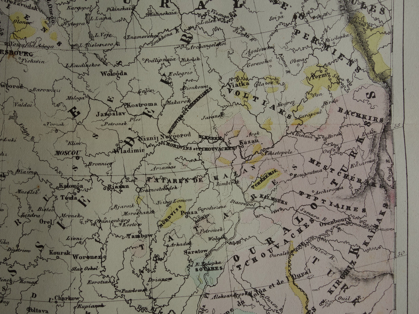 Oude etnografische kaart van Rusland 1858 Antieke landkaart Europees deel Russische Rijk