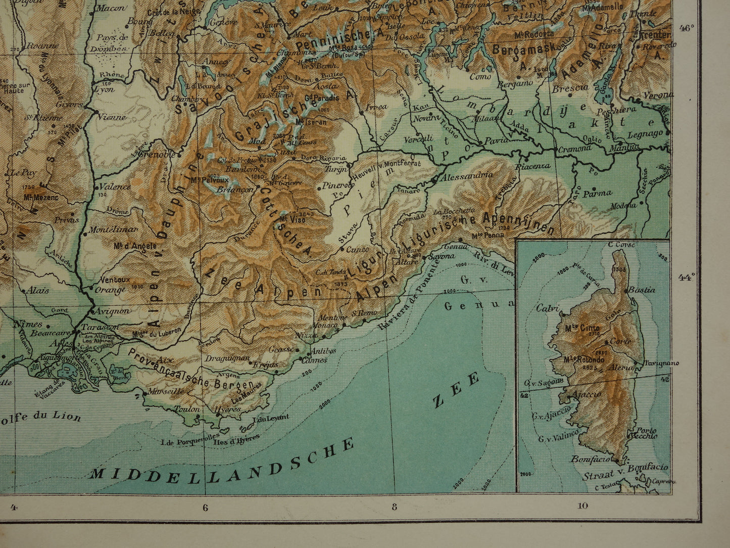FRANKRIJK oude Nederlandse kaart van Frankrijk uit 1907 originele antieke landkaart hoogtekaart
