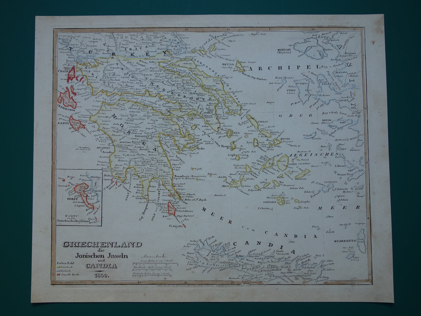 Oude kaart van Griekenland uit 1850 originele antieke kaart met jaartal vintage handgekleurde kaarten