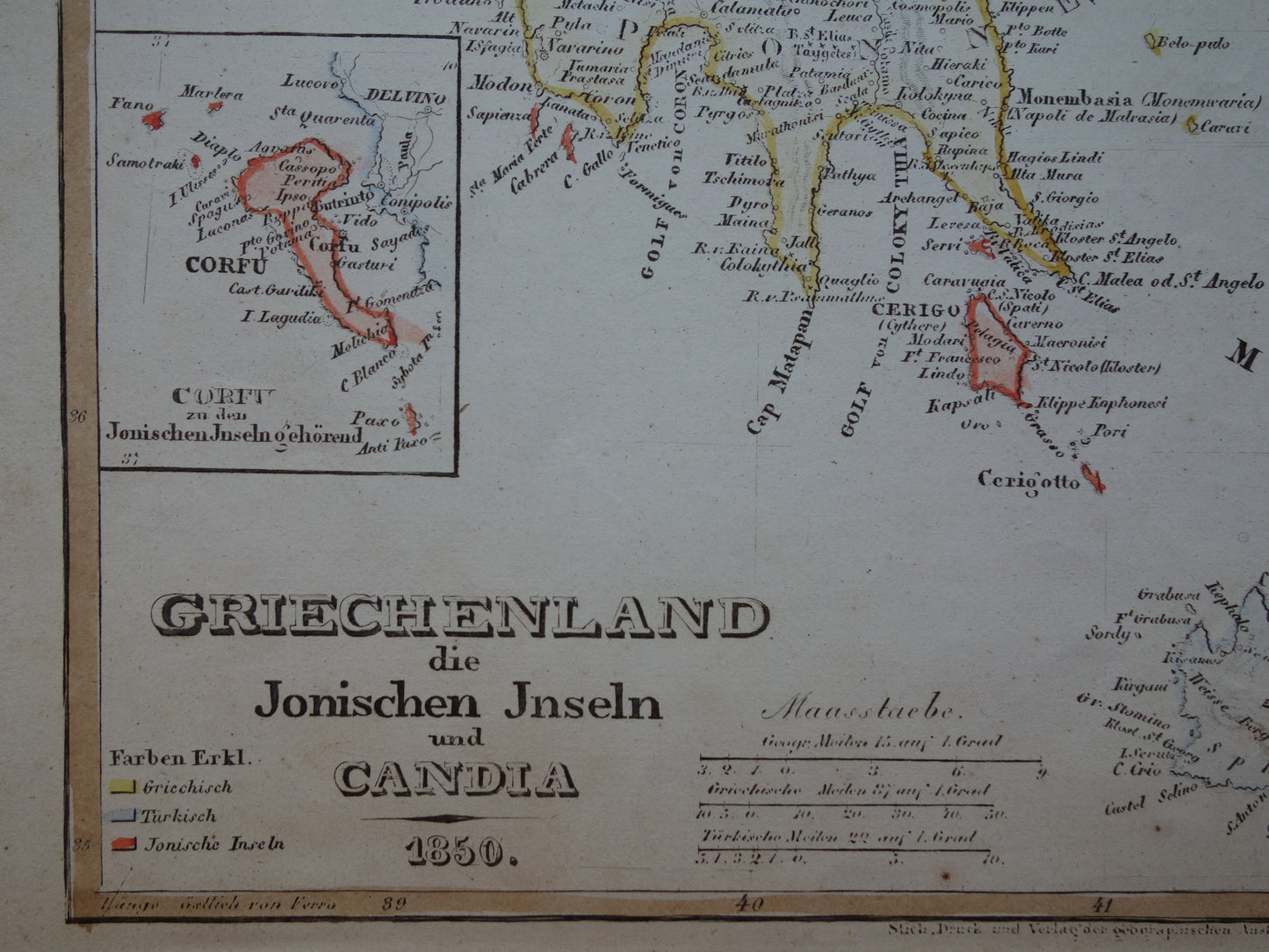 Oude kaart van Griekenland uit 1850 originele antieke kaart met jaartal vintage handgekleurde kaarten
