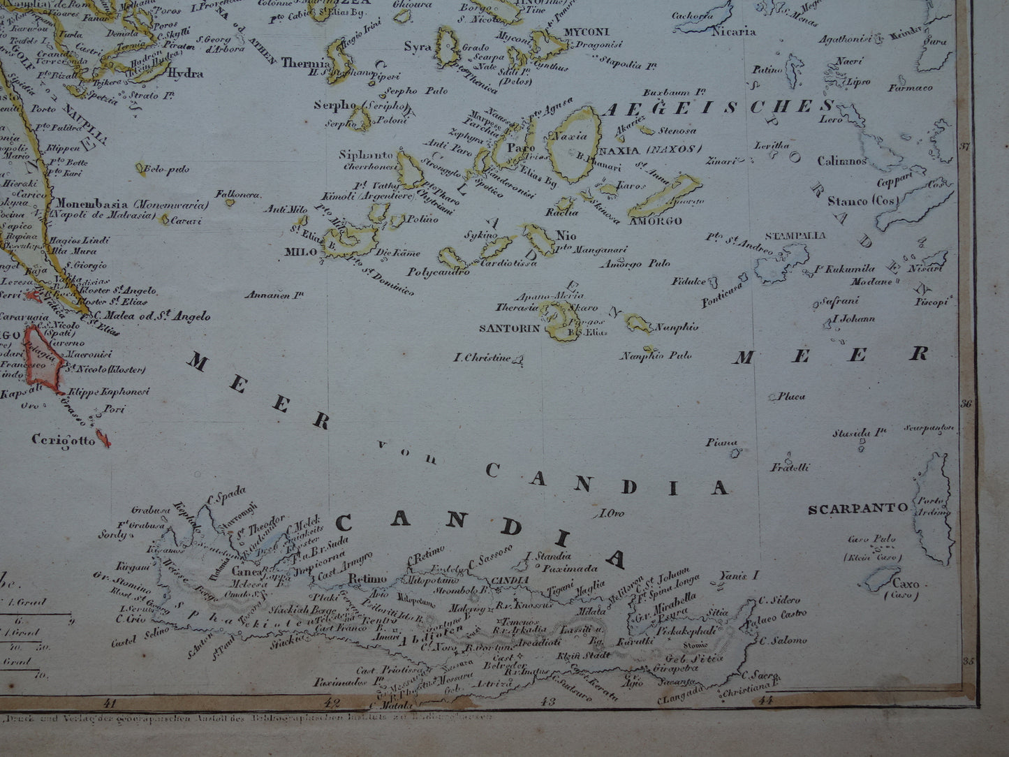 Oude kaart van Griekenland uit 1850 originele antieke kaart met jaartal vintage handgekleurde kaarten