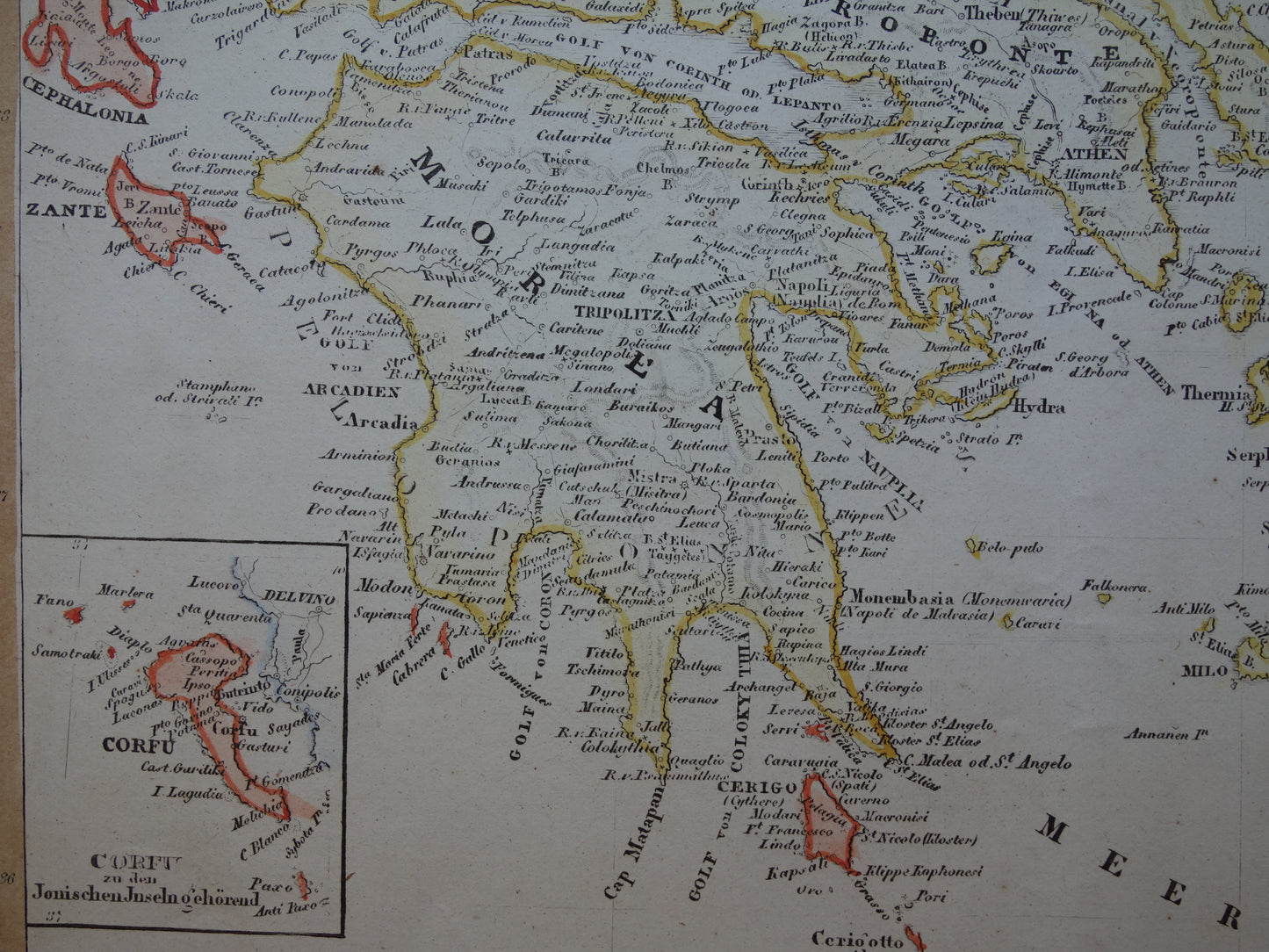 Oude kaart van Griekenland uit 1850 originele antieke kaart met jaartal vintage handgekleurde kaarten