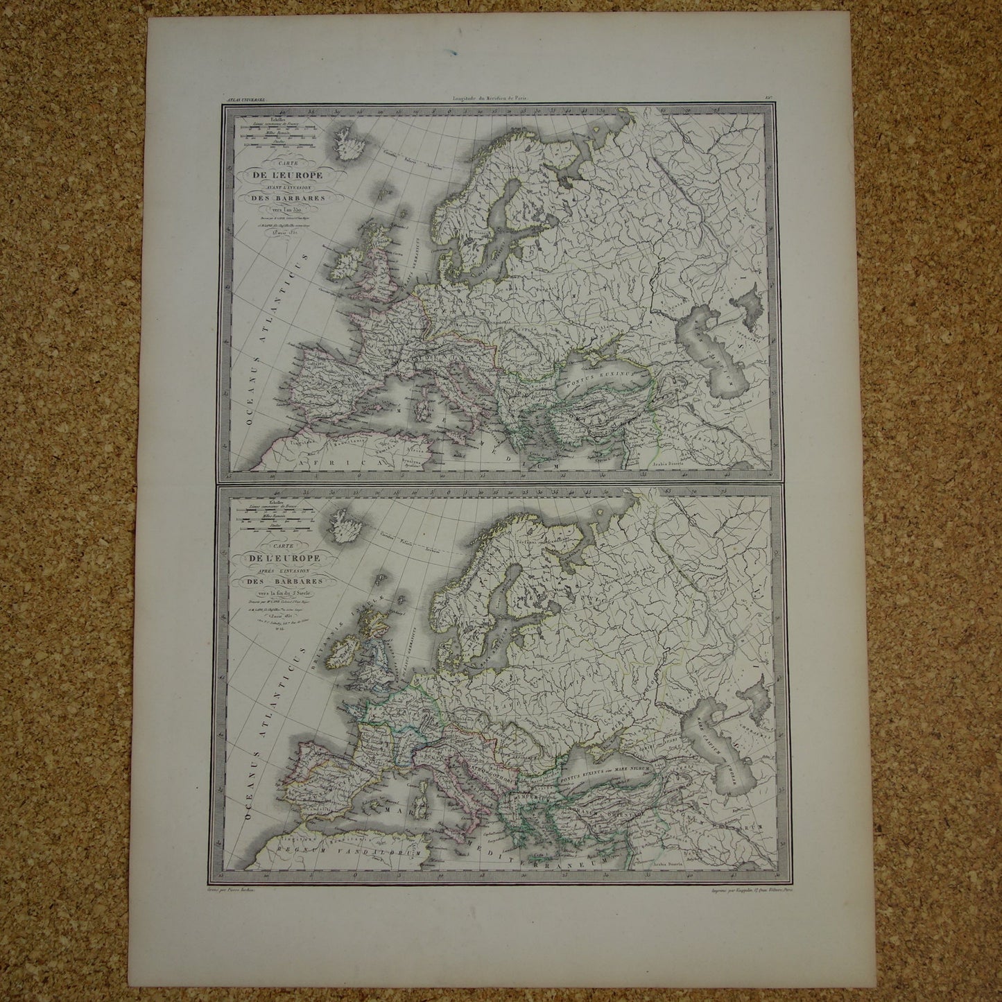 Oude kaarten over geschiedenis van Europa voor en na grote volksverhuizing antieke landkaart uit 1851 invallen barbaren
