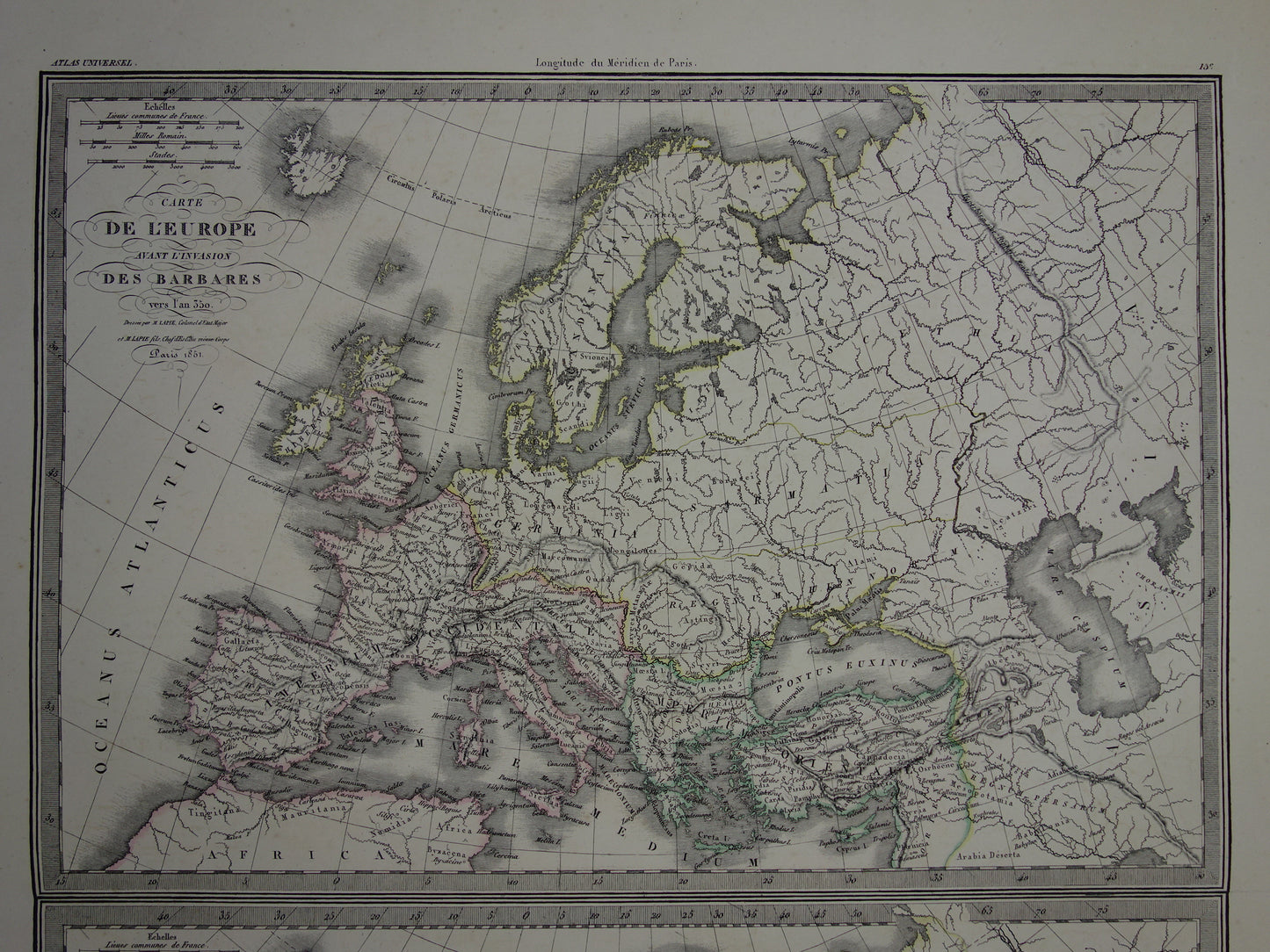 Oude kaarten over geschiedenis van Europa voor en na grote volksverhuizing antieke landkaart uit 1851 invallen barbaren