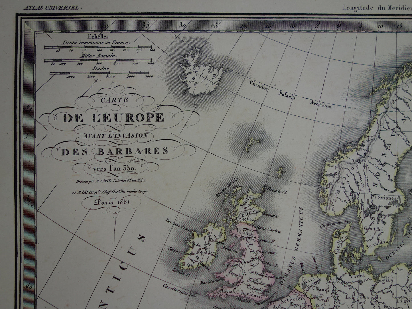 Oude kaarten over geschiedenis van Europa voor en na grote volksverhuizing antieke landkaart uit 1851 invallen barbaren