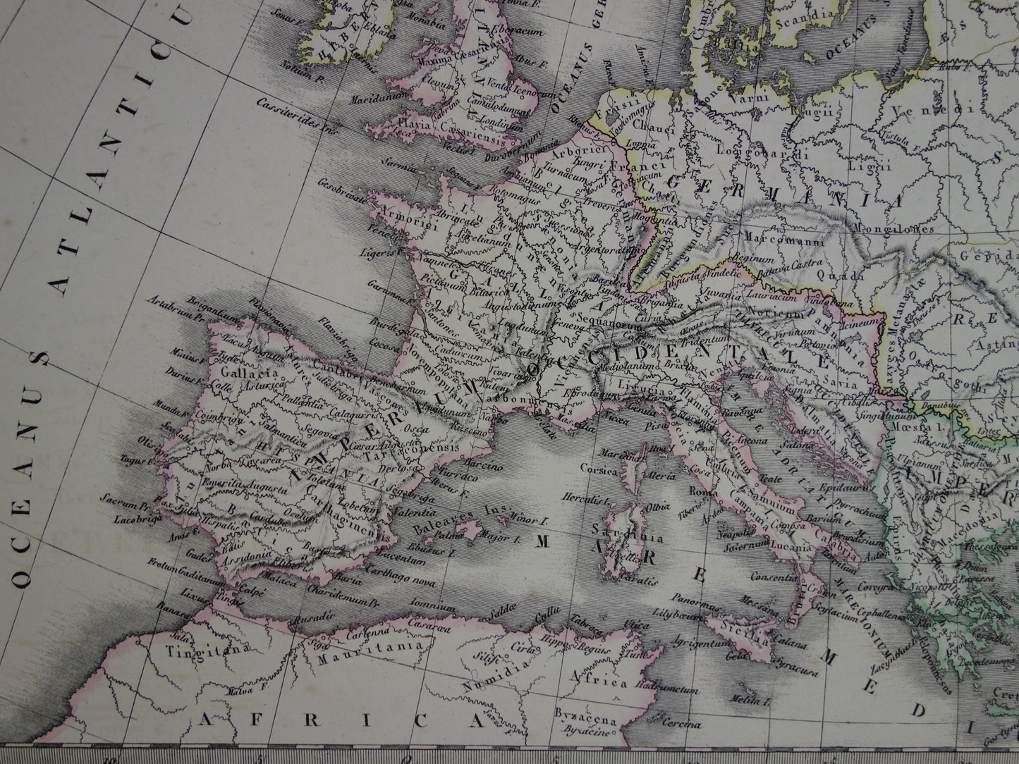 Oude kaarten over geschiedenis van Europa voor en na grote volksverhuizing antieke landkaart uit 1851 invallen barbaren