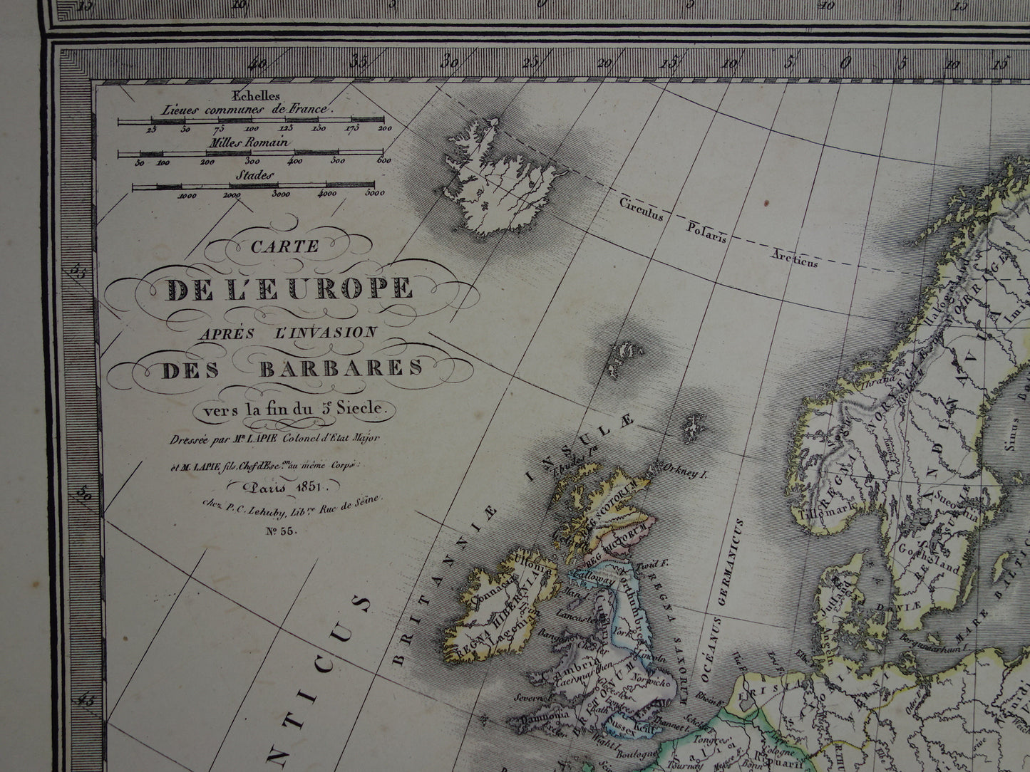 Oude kaarten over geschiedenis van Europa voor en na grote volksverhuizing antieke landkaart uit 1851 invallen barbaren