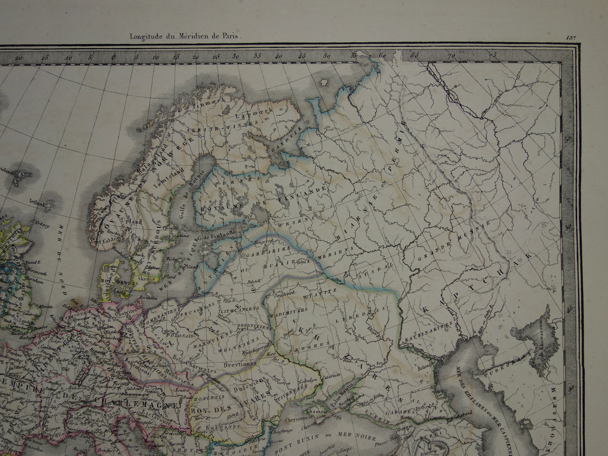 Antieke kaart van Europa ten tijde Karel de Grote in het jaar 800 en Keizer Karel V in jaar 1500 - originele oude landkaart uit 1851