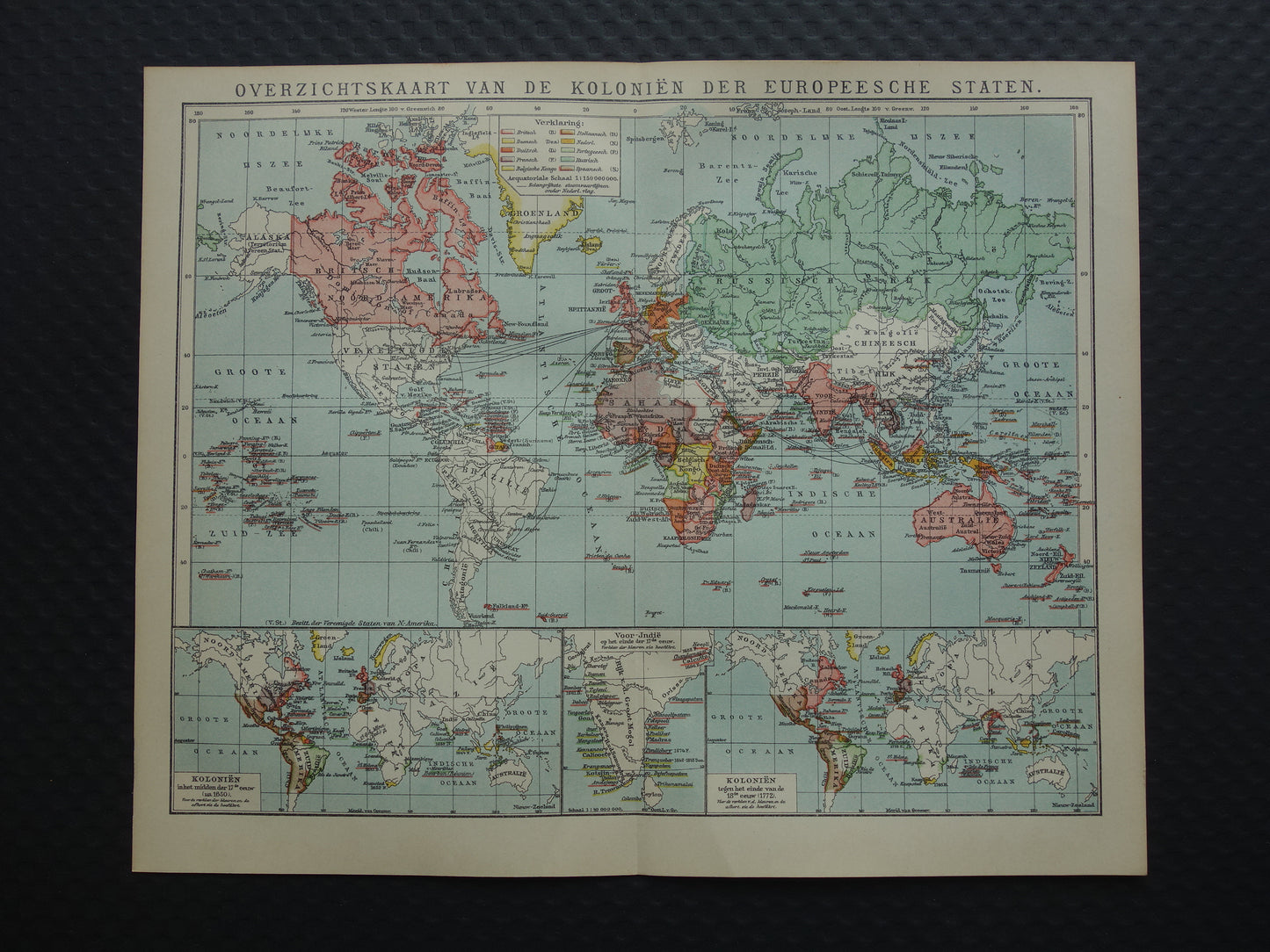 Oude wereldkaart van Kolonies Koloniëen 1918 originele antieke Nederlandse kaart koloniale bezittingen