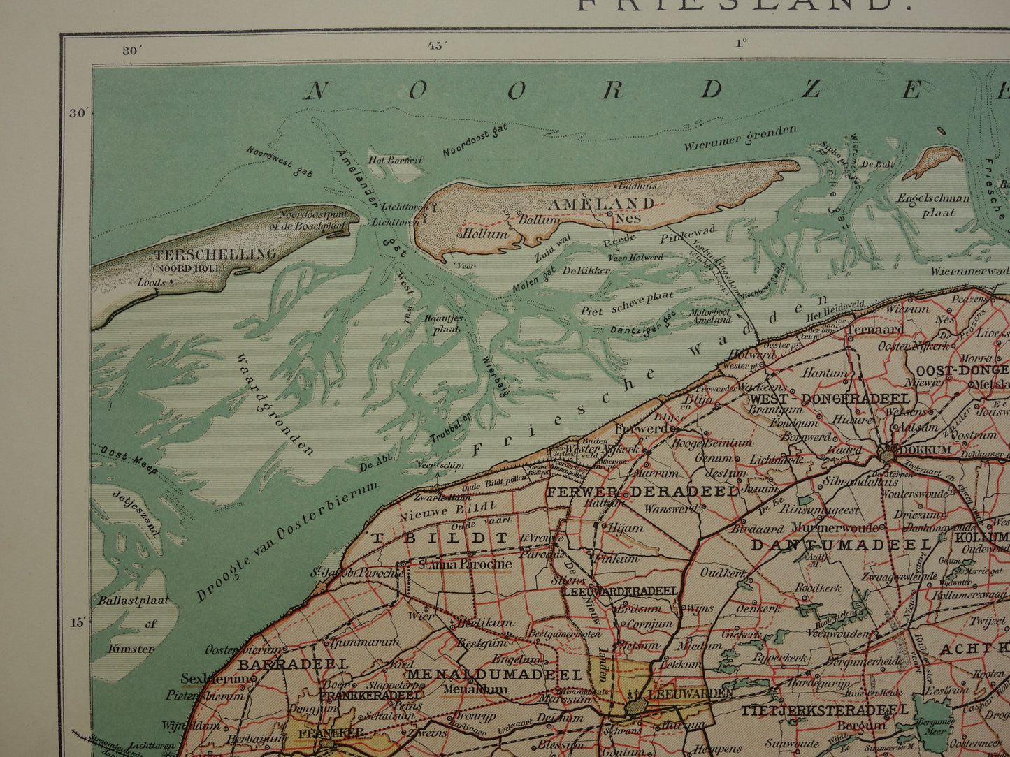 FRIESLAND Oude kaart van de provincie Friesland uit 1907 originele vintage historische landkaart