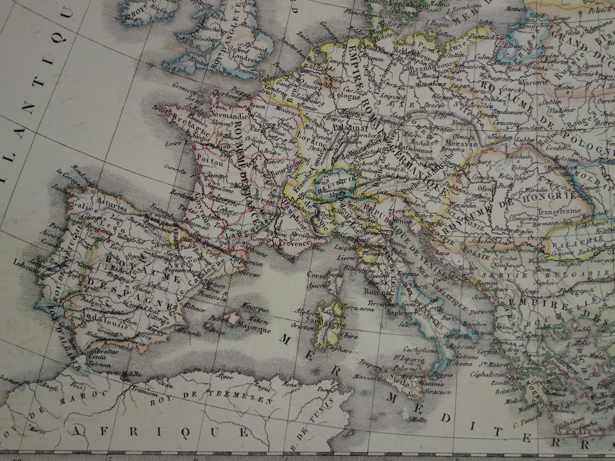Antieke kaart van Europa ten tijde Karel de Grote in het jaar 800 en Keizer Karel V in jaar 1500 - originele oude landkaart uit 1851