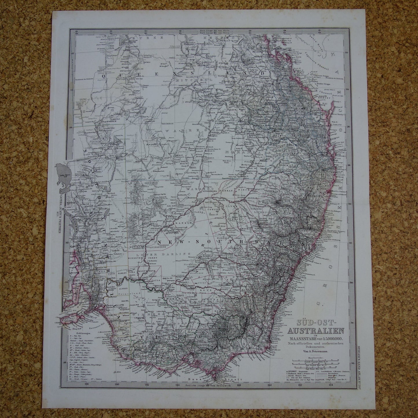 Oude kaart van Victoria en New South Wales zuidoost Australië in 1875 originele antieke gedetailleerde landkaart met jaartal vintage landkaarten