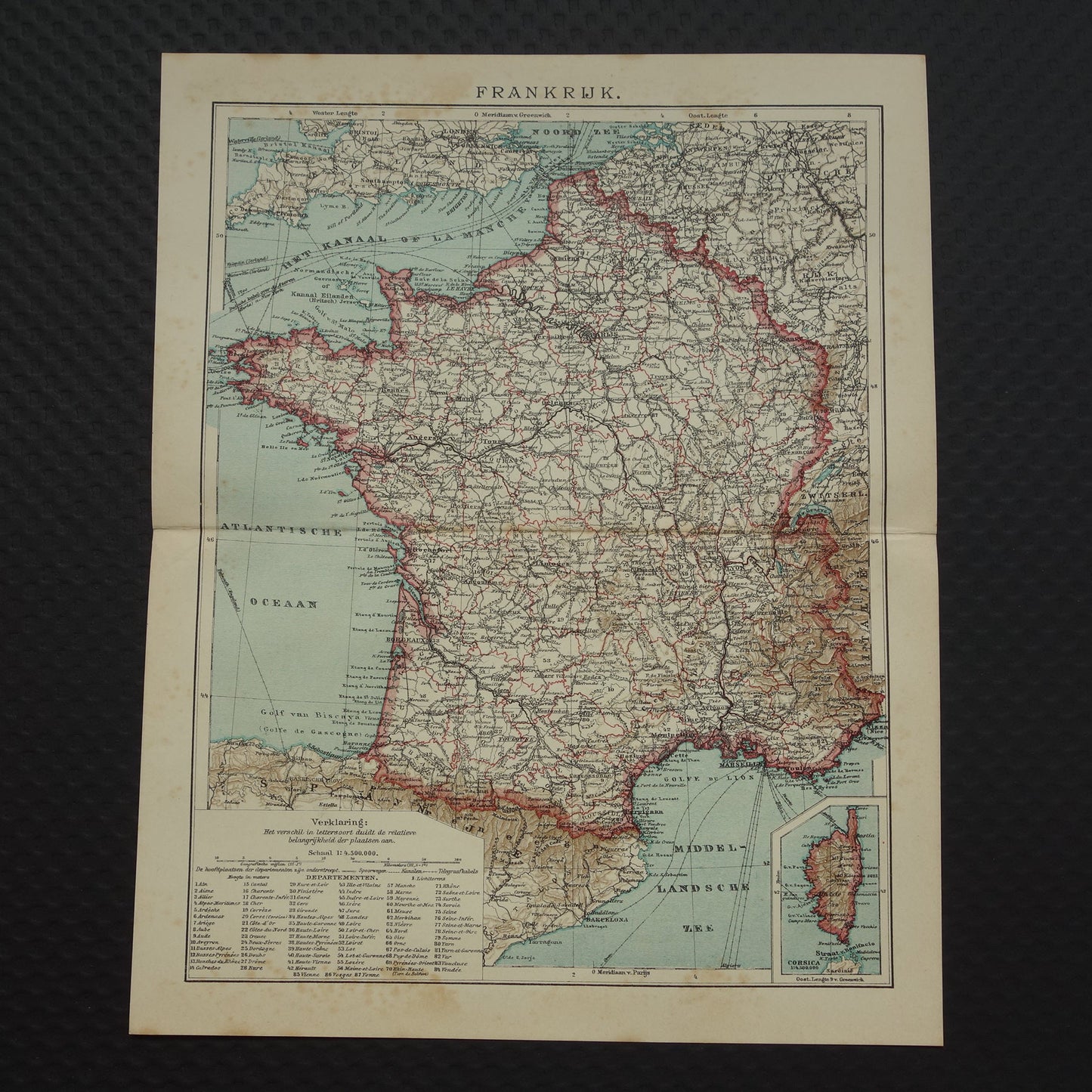 FRANKRIJK Oude Nederlandse kaart van Frankrijk uit 1907 originele antieke landkaart