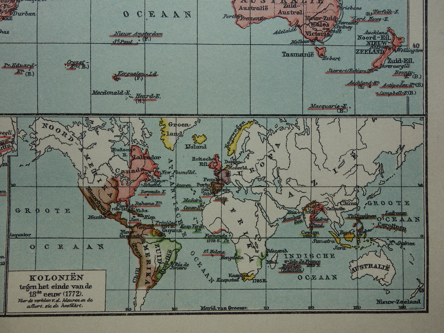 Oude wereldkaart van Kolonies Koloniëen 1918 originele antieke Nederlandse kaart koloniale bezittingen