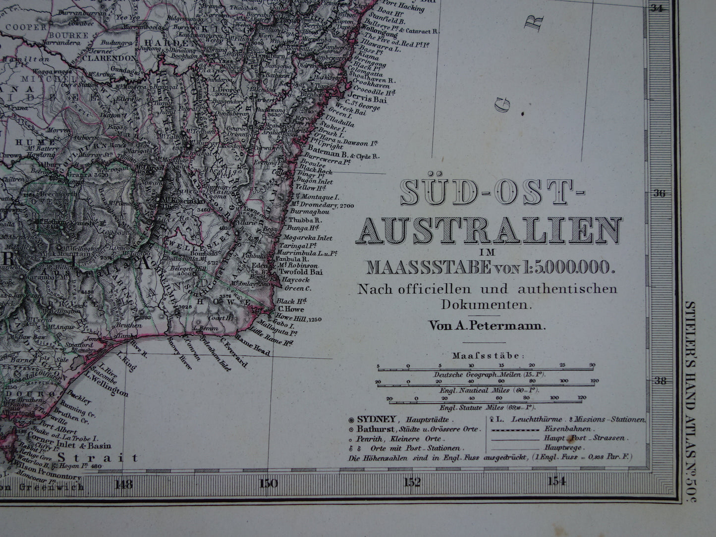 Oude kaart van Victoria en New South Wales zuidoost Australië in 1875 originele antieke gedetailleerde landkaart met jaartal vintage landkaarten