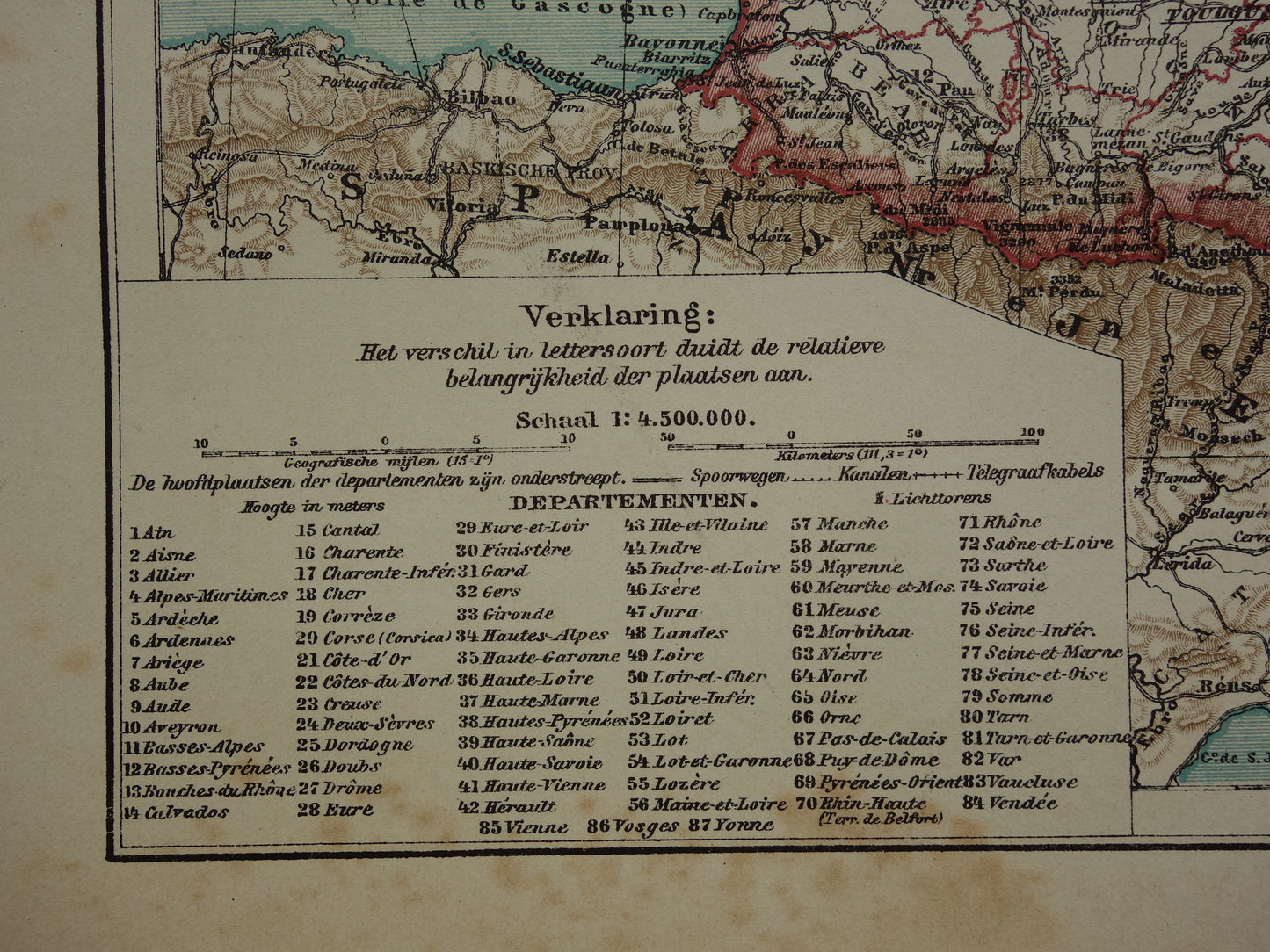 FRANKRIJK Oude Nederlandse kaart van Frankrijk uit 1907 originele antieke landkaart