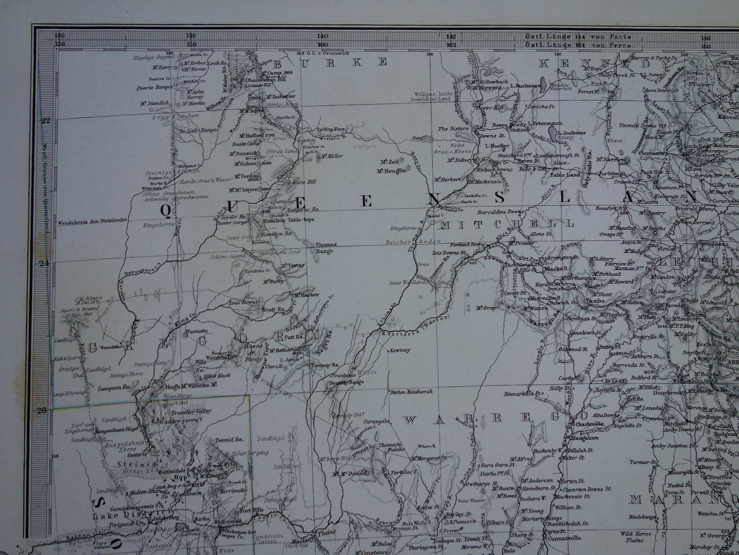 Oude kaart van Victoria en New South Wales zuidoost Australië in 1875 originele antieke gedetailleerde landkaart met jaartal vintage landkaarten